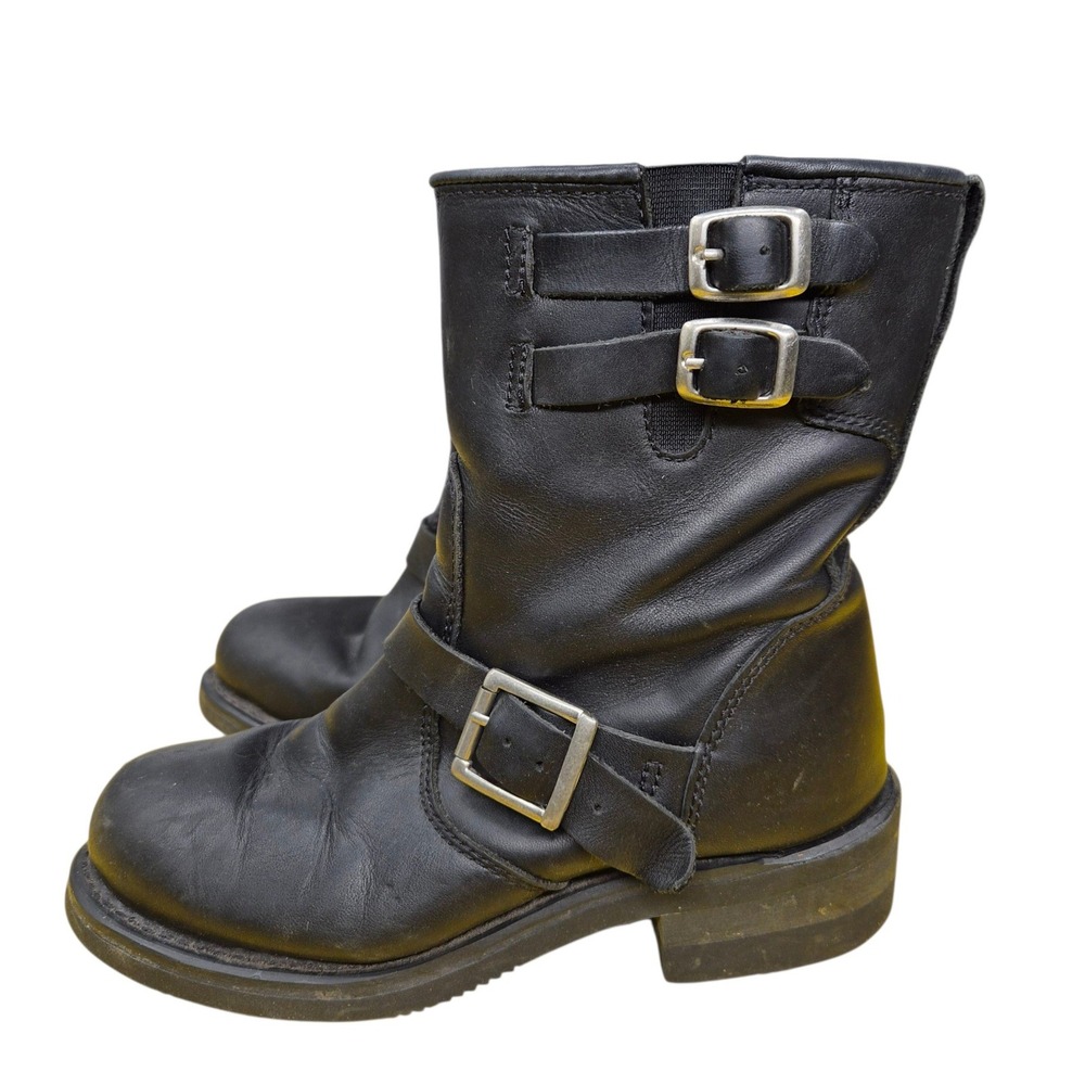 Womens Black Leather Engineer Biker Boots Triple Buckle Mid Calf Size 7
